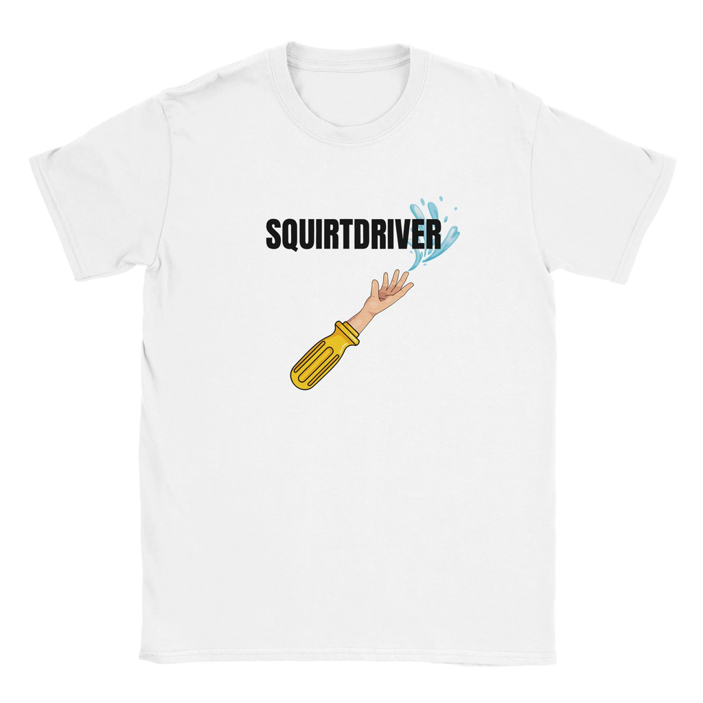 En humoristisk t-shirt med motivet SQUIRTDRIVER – en skruvmejsel med en oväntad twist. Ett enkelt, kaxigt motiv för dig som gillar ordvitsar med lite sämre humor.