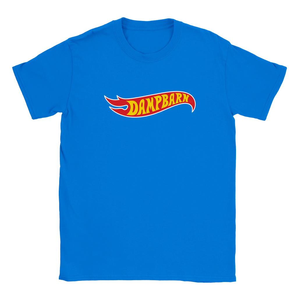 Blå t-shirt med DAMPBARN flammotiv i retrostil