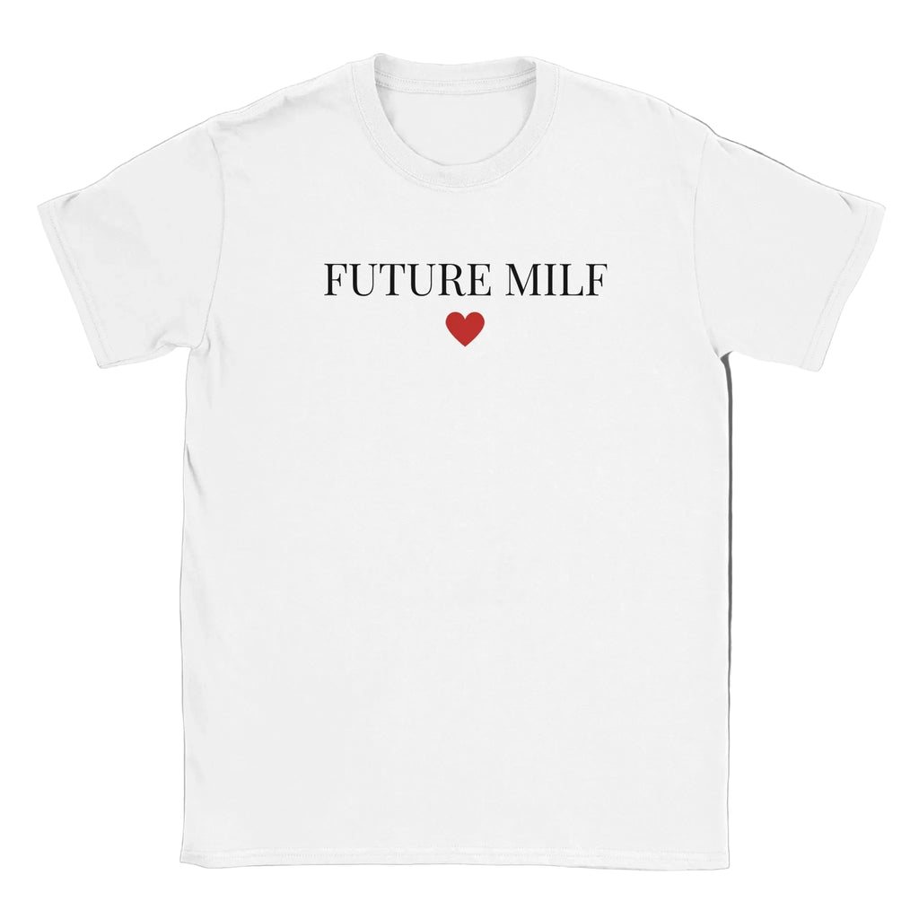 Vit t-shirt med texten "Future MILF" och ett rött hjärta