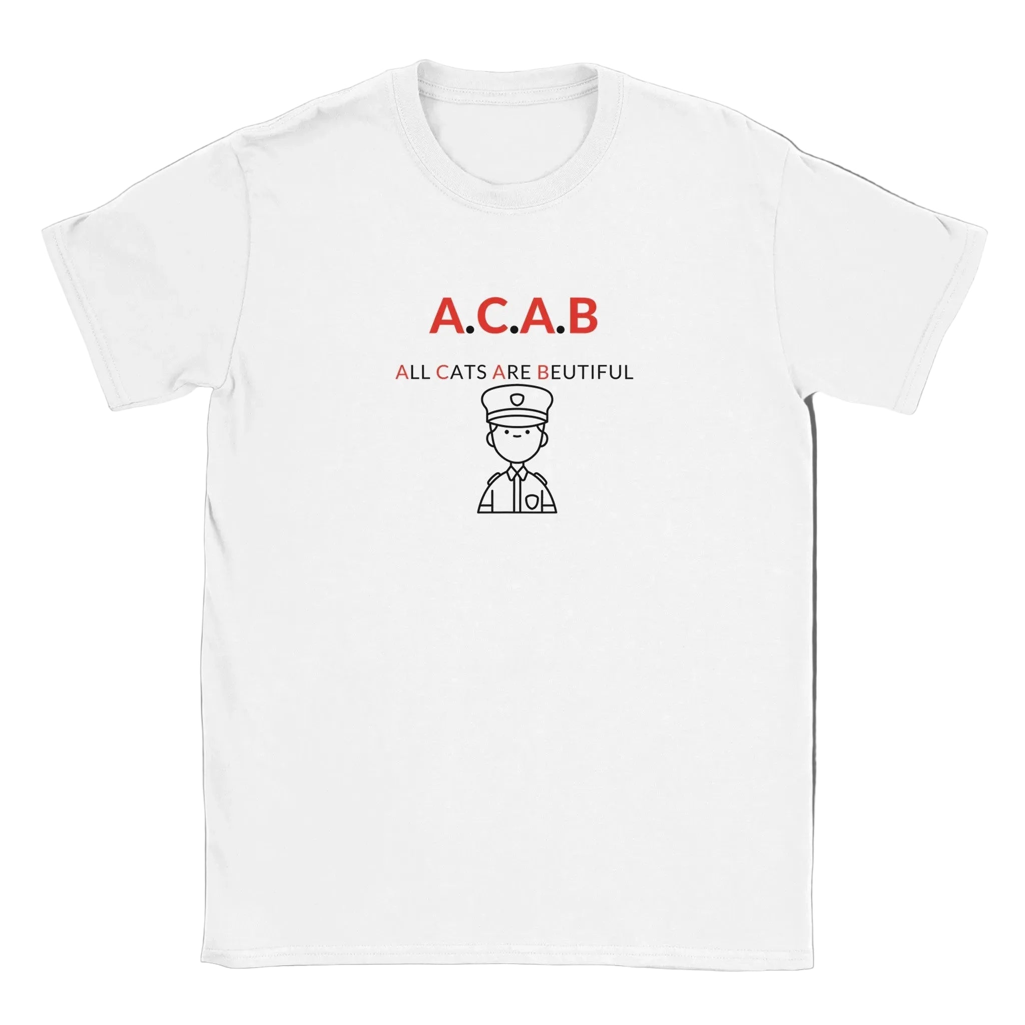 Vit t-shirt med texten "A.C.A.B – All Cats Are Beautiful" och ett minimalistiskt tecknat polismotiv