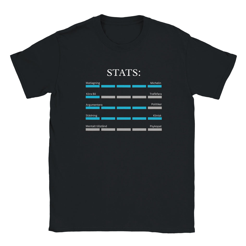 Svart t-shirt med spelinspirerade stats för matlagning, köra bil, argumentera, städning och mentalt tillstånd