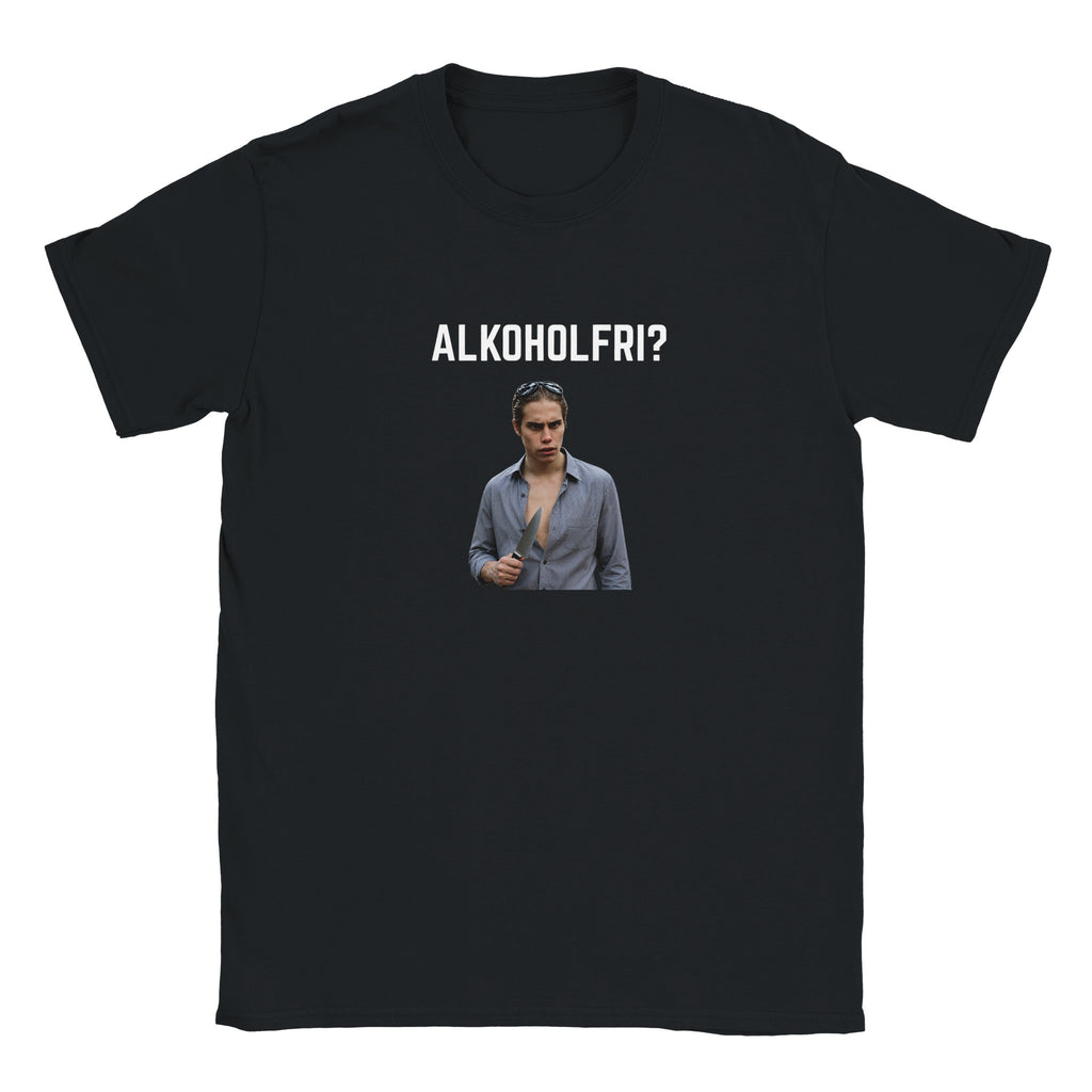 Svart t-shirt med texten "Alkoholfri?" och ett grafiskt porträtt